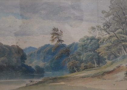 Attributed to Philip Reinagle (1749-1833), watercolour, Riverscape, unsigned, inscribed to the mount, 32 x 44cm. Condition - fair